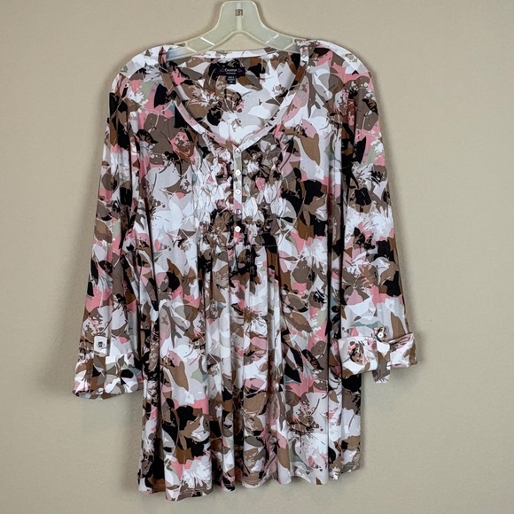 Cocomo Tops - Cocomo Woman Brown/Pink/Black/White Abstract Pattern Blouse; Plus Size 2X
